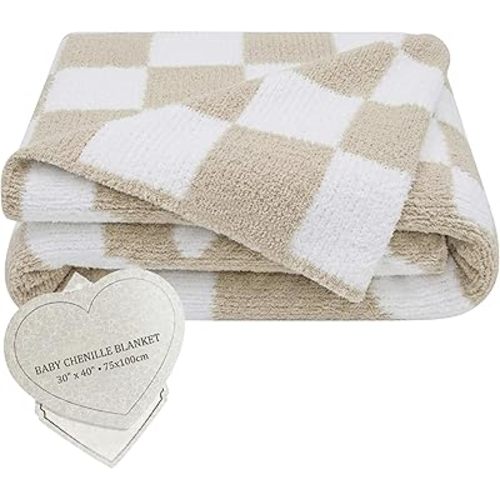 Living Textiles Taupe Check Chenille Knitted Soft Baby Blanket - Reversible Premium Cozy Fabric for Best Comfort - for Infant,Toddler,Newborn,Nursery,Boy,Girl,Throw,Crib,Stroller