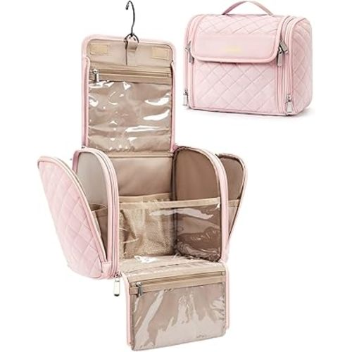 BAGSMART Makeup Bag for Women with Hanging Hook, Large Portable Capacity Water-resistant Organizer Travel Case for Toiletries and Cosmetics, Pink