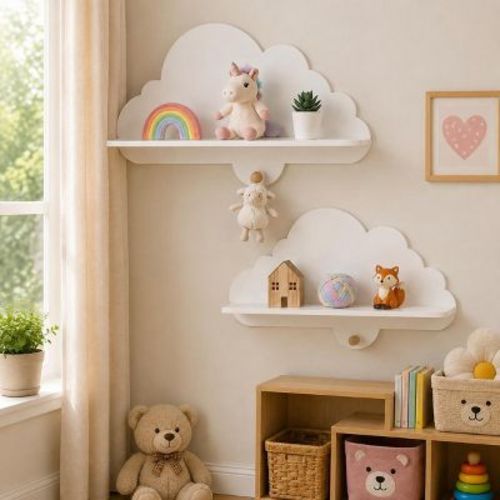 Cloud Kids Bookshelf Wall Mounted Toy Storage Display Rack, 2-Piece, White