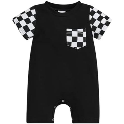 Newborn Baby Boy Summer Outfit Romper Short Sleeve Plaid Print Patchwork Jumpsuits Cute Infant Clothes