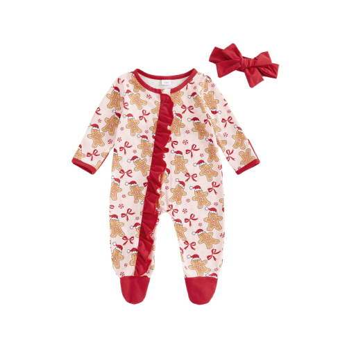 BemeyourBBs Newborn Baby Girl Christmas Outfit Gingerbread Romper Print Oblique Zipper Footed Jumpsuit Xmas Clothes