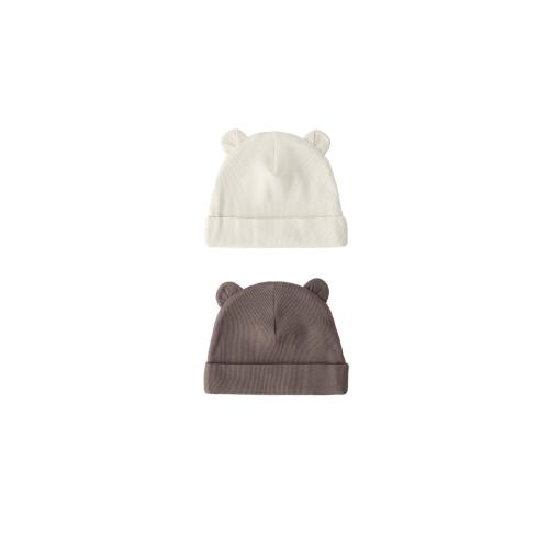 2-PACK OF RIBBED BEANIES WITH EARS - Ecru / Brown (0-3m)