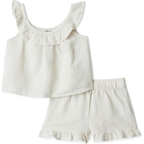 Amazon Essentials x Sofia Grainge Toddlers and Baby Girls' Cotton Linen Sleeveless Top & Shorts Set with Ruffles