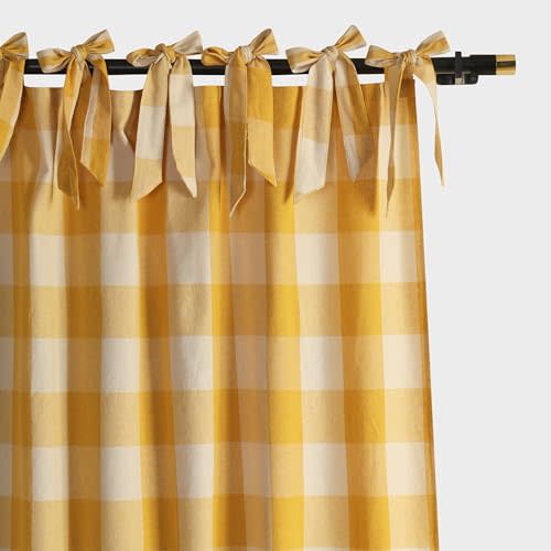 THE ART BOX Farmhouse Buffalo Plaid Check Tartan Curtains, Light Filtering Window Drapes for Living Room & Bedroom, Woven Plaid Pattern with Bow Tie Top, 2 Panels, 42" x 84", Yellow
