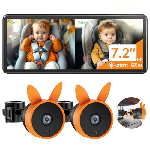 Babyvue BV3 PRO Baby Car Camera for 2 Kids - 7.2" Large HD Display Dual Channel Baby Monitor, 1080P IR Night Vision Car Seat Camera, Easy Install Rear-Facing View  Ideal for Kids and Pet Safety