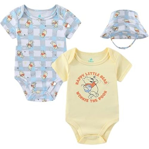 Disney Winnie the Pooh Baby Boys 2 Pack Bodysuit with Bucket Hat for Newborn and Infant