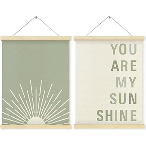 QEJ Boho Sage Green Nursery Wall Art Decor, You Are My Sunshine Canvas Poster Hanger Frame, Abstract Boho Sun Sunshine Wall Decorations for Toddler Kids Room Nursery Decor, 12x16 Inch Set of 2