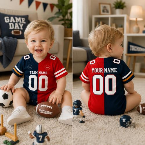 Personalized Two Team Color Football Babysuit, Personalized Football Baby Outfit, Infant Game Day Romper, Custom Name Number Baby Shirt