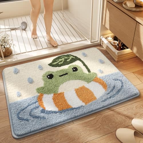 Ankah Bath Mat Cute Shower Rug, Luxury Shaggy High Absorbent and Anti Slip, Machine Washable Fit for Bathtub, Shower and Bath Room, 17.71"x 25.59", Pool Frog