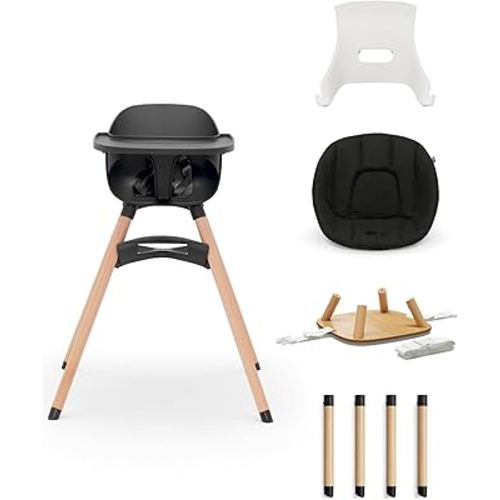 Lalo The 3-in-1 High Chair Kit - Convertible Wooden High Chair for Babies & Toddlers with Infant Support, Cushion, Booster Conversion Kit & Play Legs, Adjustable Footrest - Licorice