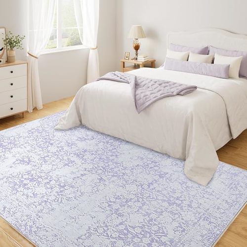 DUKINO Washable Area Rug 6x9, Boho Low-Pile Rugs for Living Room with Non Slip Rubber Backing, Soft Vintage Girls Carpet for Nursery, Living Room, Bedroom, Dining Room, Dorm Room, Office, Purple