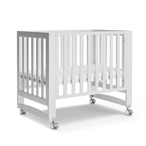 EvoNest Baby Crib, 6 in 1 Convertible Mini Crib with Wheels, 100% New Zealand Pinewood Growing Bed, 4 Adjustable Mattress Height, White