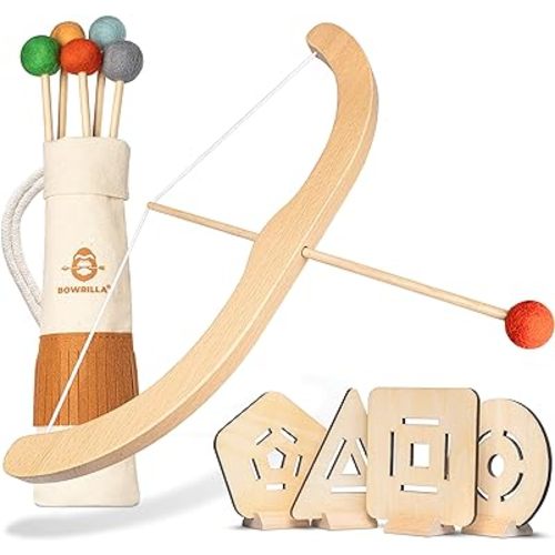BOWRILLA® Kids Bow and Arrow Set | Wooden Archery Toy for Boys & Girls Aged 3-7, Bow and Arrow for Kids | Includes 5 Arrows, 4 Targets, Cotton Quiver | Indoor & Outdoor Play