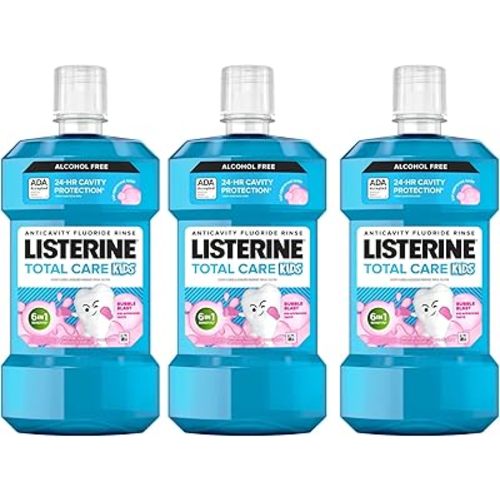 Listerine Total Care Kids Mouthwash, ADA Accepted, Alcohol Free Anticavity Sodium Fluoride Mouthwash, Oral Rinse for Cavity Protection, Bubblegum Flavor, 16.9 Fl. Oz, Pack of 3