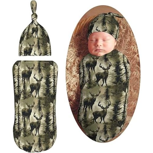 Green Deer Hunting Camo Newborn Swaddle Blankets Hat Sets Soft Baby Receiving Blanket Swaddle Sack for Baby Shower Infant Boy Girl Gift