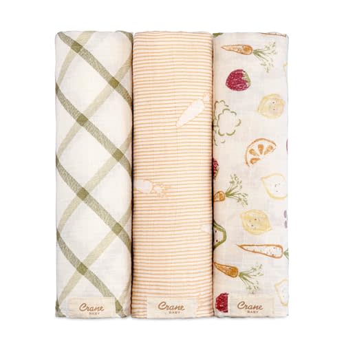 Crane Baby 100% Cotton Muslin Swaddle Blankets, Fruits & Veggie Print, Baby Swaddle Blanket, Set of 3, 47" x 47", Swaddles for Newborns, Baby Muslin Blankets, Versatile & Functional Baby Registry Item