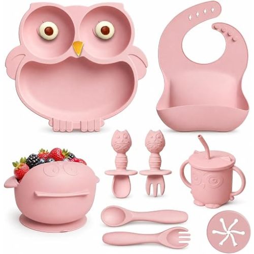 Silicone Baby Feeding Set with Spoon, Bowls, Plates with Suction, Bib, and Toddler Sippy Cups with Replaceable Snack Lids, Pink