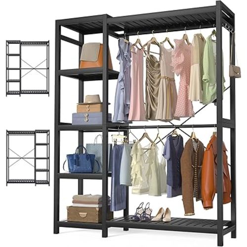 Homykic Bamboo Clothes Rack Garment Rack for Hanging Clothes, Heavy Duty Clothing Rack with 7 Tiers Adjustable Shelves, Double Rods, 4 Hooks, Freestanding Closet System Organizer Wardrobe, Black