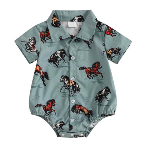 Nwiuh Newborn Infant Western Baby Boy Clothes Cowboy Button Down Dress Shirt Bubble Romper Bodysuit Country Style Outfit (Blue, 3-6 Months)