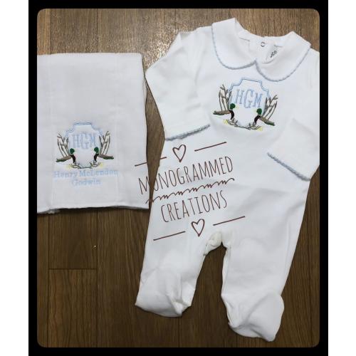 Personalized Embroidered Mallard Duck 2 Piece Infant Baby Set Footed Romper Burp Cloth Coming Home Outfit Hunting