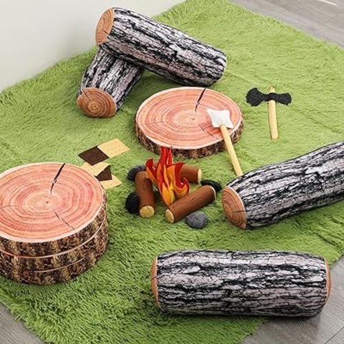 27 Pcs Pretend Camping Play Toy Set Include 18 Fake Campfire Plush Toys 4 Wood Print Throw Pillow 4 Wood Print Cushion Pillow 1 Grass Green Soft Rug for Camping Theme Party Decorations