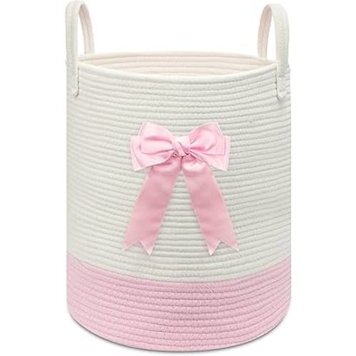 Pink Woven Laundry Hamper Basket with Bow, Large Tall Clothes Storage Basket for Baby Nursery, Girls Room, Bathroom & Bedroom Organizer 15"x17.7"