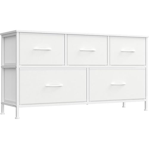 SONGMICS Dresser for Bedroom, Chest of Drawers, TV Stand, Steel, MDF, 5 Non-Woven Fabric Drawers, Storage Organizer Unit, Closet, Entryway, Cloud White and Snow White ULGS322W01S