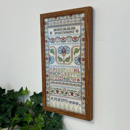 Vintage Framed Cross Stitch Sampler | 1993 Alphabet Floral Needlework, Cottage Farmhouse Decor