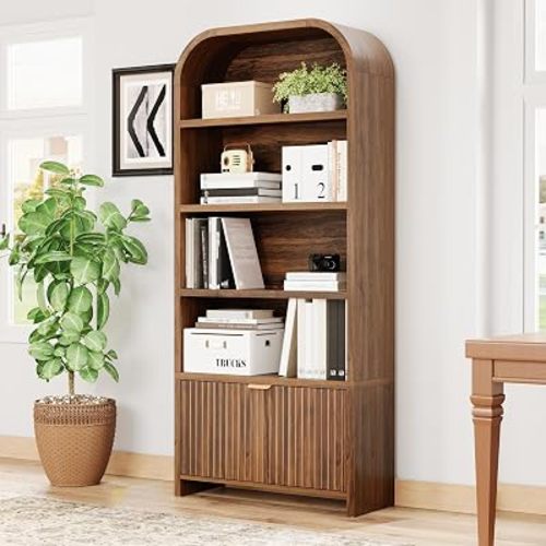 LEVNARY Arched Bookcase with Drawer, 70" Tall 5-Tier Bookshelf with Fluted Carved Drawer, Freestanding Display Storage Cabinet for Living Room Home Office (Walnut)