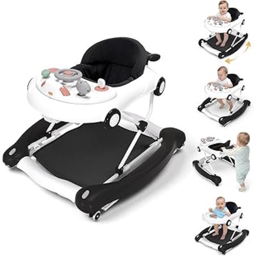Baby Walker, 5-in-1 Baby Walker for Boys and Girls with Bouncer, Removable Footrest, Music, Foldable & Adjustable Speed Wheels Activity Walker for 6-18 Months Toddler Infant(Black)