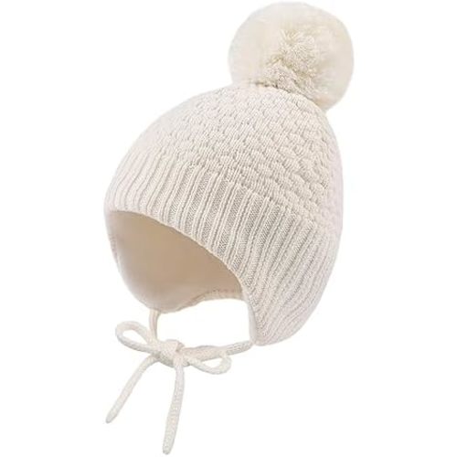Baby Girl Winter Hats, Fleece Lined Infant Beanie Hat Kids Earflap Beanis 0-8 Years Knitted, for Boys, with Pompom
