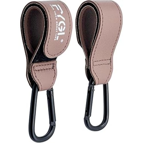 Stroller Hooks - Leather Buggy Clips, Pushchair Carabiner Clip for Bags, Easy Attachment for Pram, Universal Stroller Clips and Hooks, Stroller Accessories - Oak Red (2 Pack)