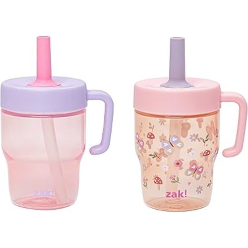 Zak Designs Capri Toddler Tumbler For Travel or At Home, 10oz 2-Pack Durable Plastic Sippy Cups With Handle and Leak-Proof Design are Perfect For Kids (Springtime, Pink)