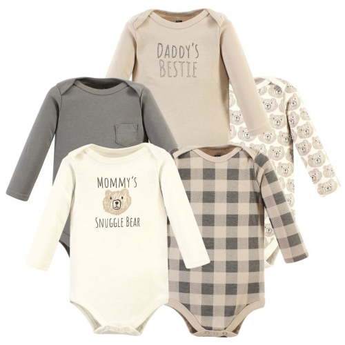 Hudson Baby Cotton Long-Sleeve Bodysuits, Snuggle Bear 5 Pack, 9-12 Months