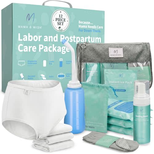 Mama & Wish® Postpartum Essentials Kit – Labor and Delivery Essentials for Moms After Birth – Postpartum Recovery Kit Includes Peri Bottle, Witch Hazel, Comfy Garments & More
