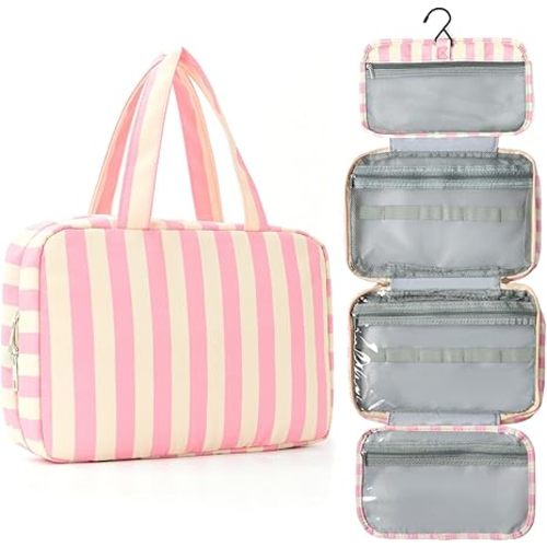 Toiletry Bag for Women Travel Water-resistant Cosmetic Bag Fashion Stripes Makeup Bag with Hanging Hook Preppy for Store Toiletries Cosmetic Accessories Medium Pink