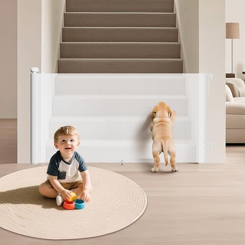Retractable Baby Gate for Stairs 34" Tall Fits Up to 55" Wide White