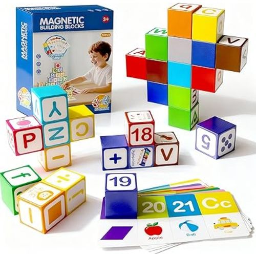 26 Pcs Magnetic Alphabet Blocks for Toddlers 1-3, ABC & Number Stacking Blocks with 9 Learning Cards, Educational Montessori STEM Toys for Kids Ages 3+ ļ¼Montessori Toys for Boys Girls Gifts