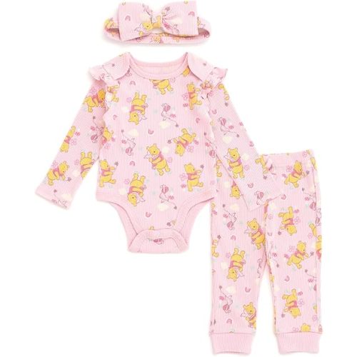 Disney Baby Girls Ribbed Bodysuit, Jogger Pants & Headband 3 Piece Outfit Set Newborn to Infant Sizes (Newborn - 24 Months)