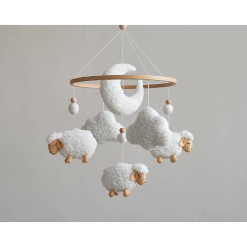 Sheep Baby Mobile, Boucle Clouds, Neutral Nursery Decor