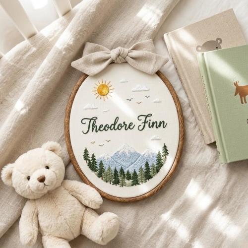Personalized Mountain Adventure Hoop: Little Explorer Embroidery Hoop