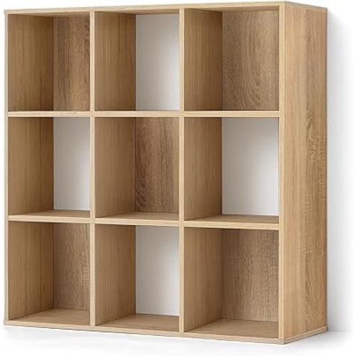 CAPHAUS Sturdy Room 11-Inch Cube Storage Organizer Shelf, with Thick Exterior Edge, Storage Shelf Divider w/Back, Bookcase, 9-Cube, Natural Oak