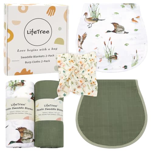 LifeTree Baby Swaddle Blankets and Burp Cloths 2 Pack, Boys Girls Muslin Swaddling Wrap Receiving Blanket for Newborn, 70% Viscose from Bamboo and 30% Cotton, Large 47" x 47", Mallard Duck & Olive