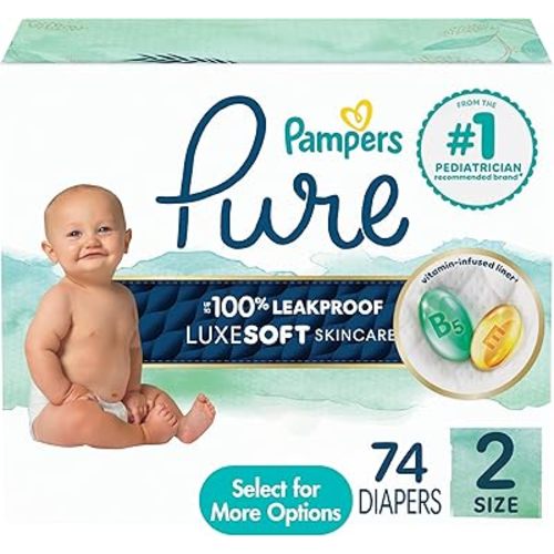 Pampers Pure Baby Diapers, Size 2, Up to 100% Leakproof, Premium Hypoallergenic Soft Diapers, 1 Pack (Count of 74)