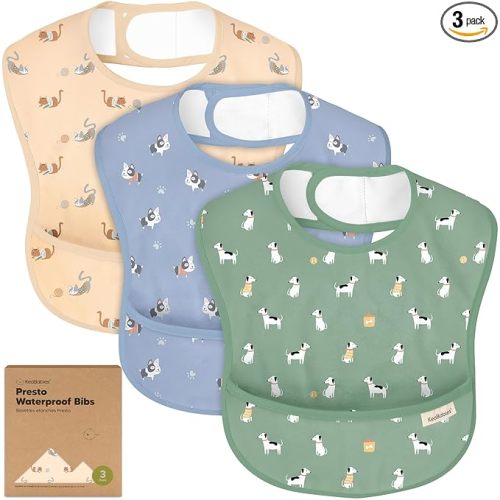 KeaBabies 3-Pack Waterproof Baby Bibs for Eating - Lightweight Toddler Feeding Bibs with Large Food Catcher, Mess Proof, Food-Grade Baby Eating Essentials, Easy to Put On & Clean (Pets & Paws)