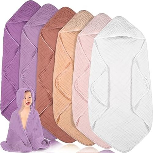 Peryiter 6 Pcs Muslin Hooded Baby Towels, 32"x 32" Cotton Newborn Bath Towel Muslin Infant Baby Blankets Absorbent Unisex Newborn Registry Gift Essentials for Girls Boys (Purple)