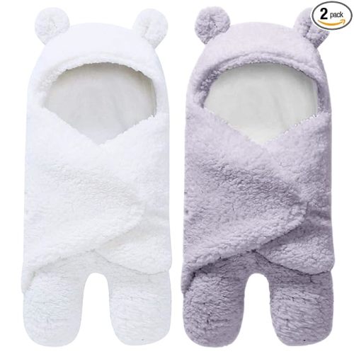 2 Pack Ultra Warm Sherpa Plush Baby Sleeping Swaddle Wrap - Newborn Essentials Must Haves for 0-6 Months - Shower Registry Search Gifts for Boys Girls - Baby Stuff Accessories (Grey and White)