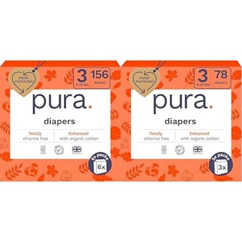 Pura Sensitive Skin Baby Diapers | Size 4 (18-31 lbs) | Bulk, Hypoallergenic, Totally Chlorine Free, Fragrance Free, | 9 Packs of 22 (198 Diapers)