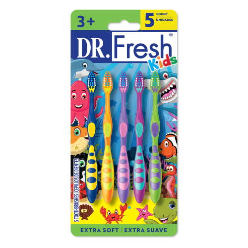 Dr. Fresh Brand Kids Non-Slip Handle Toothbrushes with Tongue Cleaner, Soft, 5 Count