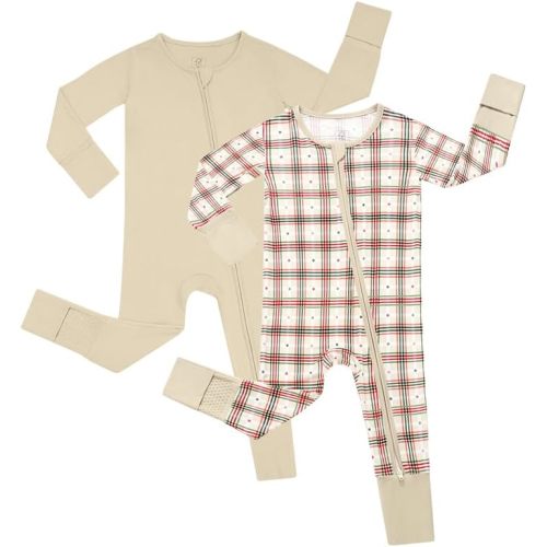 JunNeng Baby Christmas Plaid Pajamas, Viscose from Bamboo Zipper Sleeper, Fold over Mittens & Non-Slip Romper 0-18 Months